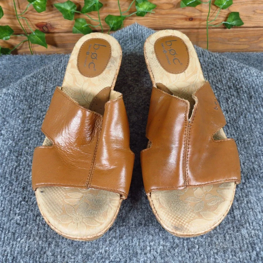 B.O.C. C64716 Women Shoe Wedge Sandal Size 9 Casual Comfort‎ Tan Brown Leather
